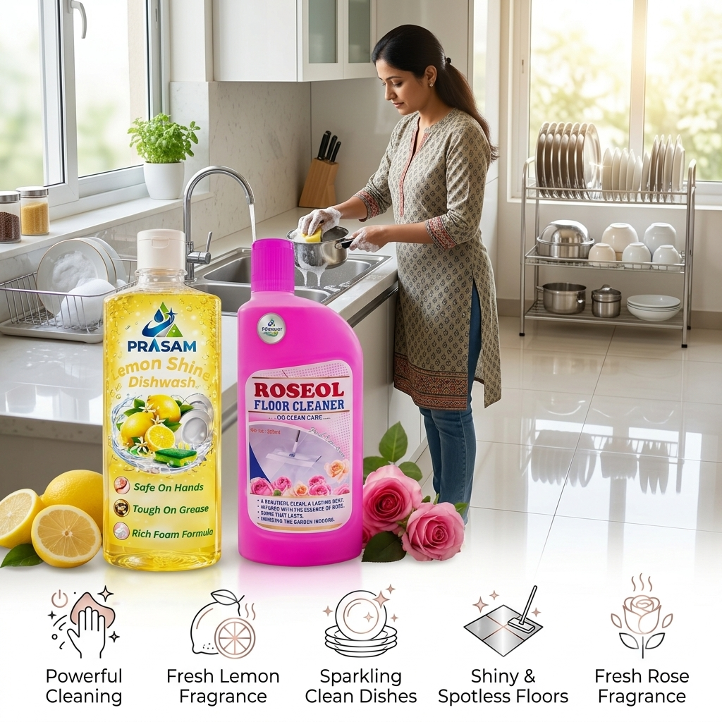 Lemon Fragrance Dishwash & Rose Floor Cleaner Combo (500ml) Each - Image 2