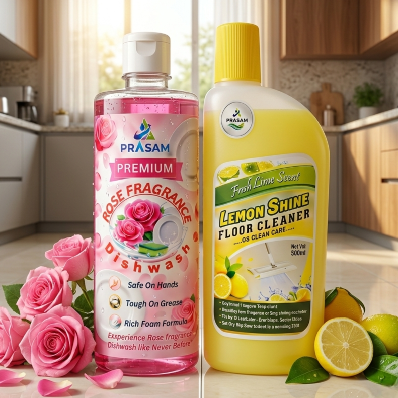Premium Rose fragrance Dishwash & Lemon shine floor cleaner combo (500ml) Each